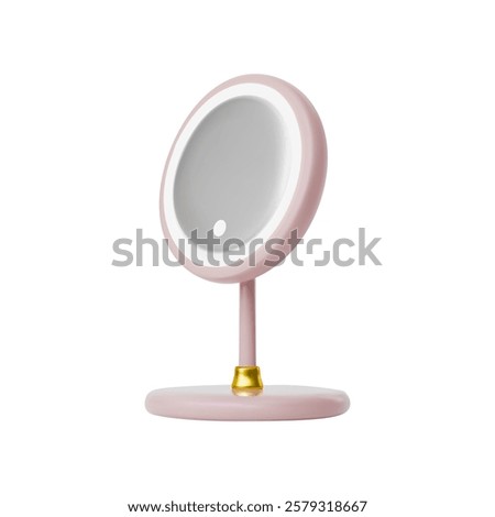 A rendering of a tabletop round mirror with neon lighting. Side view. For applying makeup. In beige color and with gold mount. Vector 3d illustration on isolated white background