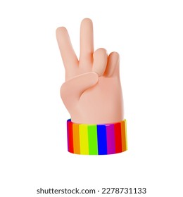 Die Siegeshandgesten mit einem Regenbogenarmband. lgbt oder stolz. Vektorgrafik in 3D