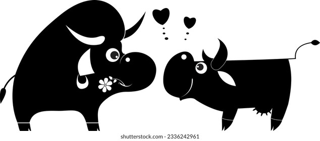 Rendezvous bull and cow. Heart symbols. 
Cartoon bull with a flower and cow fall in love. Black and white illustration
