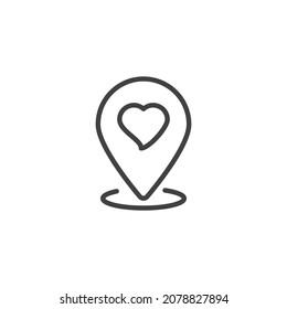 Rendezvous Meeting Point Line Icon. Love Location Pin Linear Style Sign For Mobile Concept And Web Design. Heart Map Marker Outline Vector Icon. Symbol, Logo Illustration. Vector Graphics