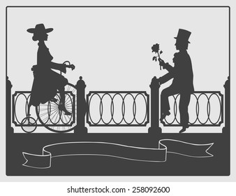 Rendezvous on the waterfront lady on a bicycle near a gentleman with a flower in her hand. 