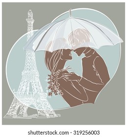 Rendezvous in Paris. Sweet couple with umbrella kissing near the Eiffel Tower. Hand drawn illustration Background