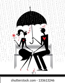 Rendezvous in the rain. Couple in love sitting on the bench and hide from the rain under an umbrella.