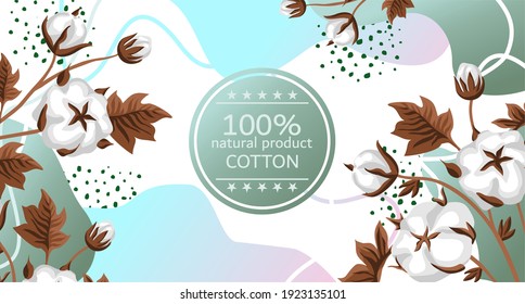 rendy and creative banner template with hand drawn cotton twigs and spots and dots. Botanical composition with gradient and label. Advertising for 100% natural products