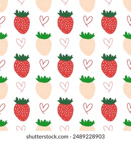 rendy Hand-Drawn Strawberry and Heart seamless Pattern on White Background