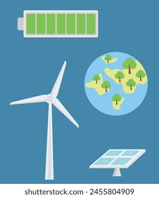 Renevable energy, battery, windmill energy, environment eco system vector illustration