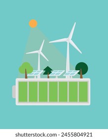 Renevable energy, battery, windmill energy, environment eco system vector illustration