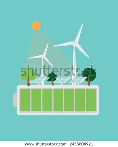 Renevable energy, battery, windmill energy, environment eco system vector illustration