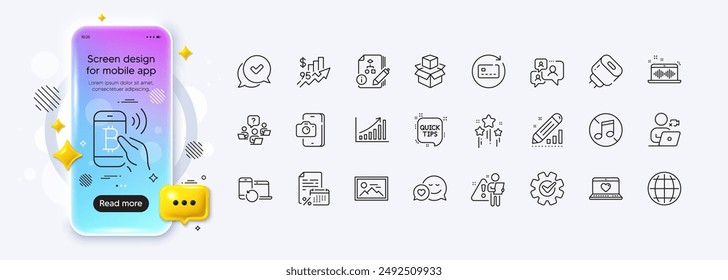 Renew card, Bitcoin pay and Algorithm line icons for web app. Phone mockup gradient screen. Pack of Video conference, Packing boxes, Stars pictogram icons. Vector