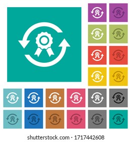 Renew certificate multi colored flat icons on plain square backgrounds. Included white and darker icon variations for hover or active effects.