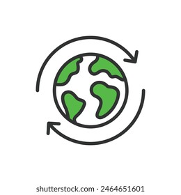 Renew earth, in line design, green. Renew, earth, green, recycle, sustainability, environment, nature on white background vector. Renew earth editable stroke icon.