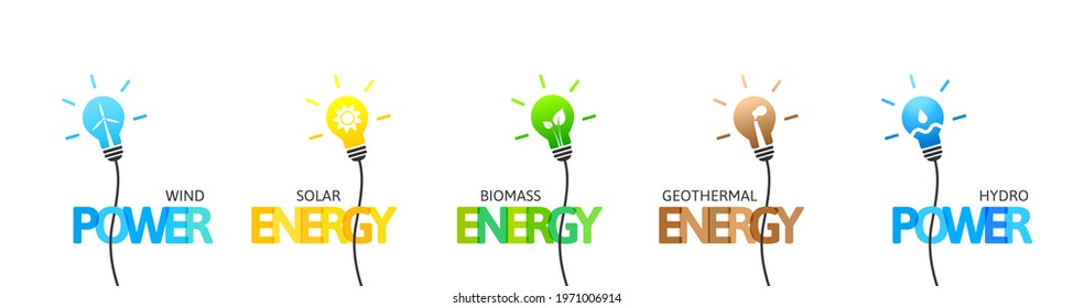 Renewable, alternative and clean energy. Solar, wind, hydro, biomass and geothermal power. Lettering design, set isolated on white background.