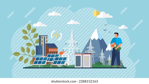 Renewable alternative ecological technology with power plant, solar battery, panel. Solar panels cells for electricity grid. Eco friendly power industry. sustainable, renewable and alternative energy