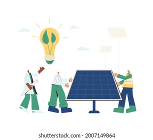 Renewable Alternative Electricity. Solar Panels Installing. Field Service Technicians Workers, Architect,  Mechanical Engineer And Project Coordinator Building Moduls.  Green Tech. Vector Illustration