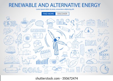 Renewable and Alternative Energy concept with Doodle design style :power savings, optimization process, eco friendly thinking. Modern style illustration for web banners, brochure and flyers.