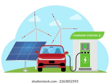 Renewable alternative energy. Eco Friendly and Green Energy Concept. Green City With Wind Turbines, Solar Panels and Electric car. Sustainable energy for Environment.