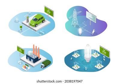 Renewable alternative energy producing. Ecological consumption for electricity production. Nature friendly and clean fuel substitute. Generating electricity using green technologies illustrations set