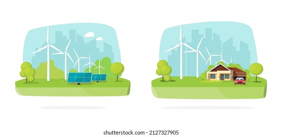 Renewable alternative green energy generated from wind turbine power and electricity source from solar farm panels vector flat concept, eco friendly sustainable technology, ecological ecosystem