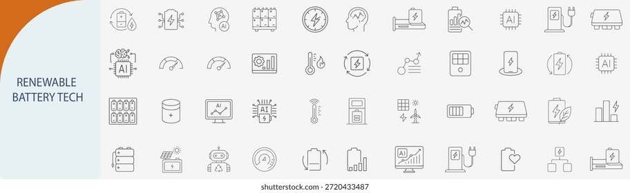 Conjunto de iconos de tecnología de baterías renovables y almacenamiento de energía