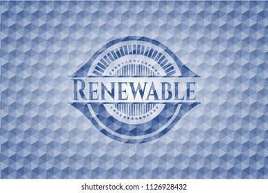 Renewable blue emblem with geometric pattern background.