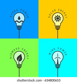 Renewable and clean energy concept with light bulb. Solar energy, wind and hydro power, biomass illustration.
