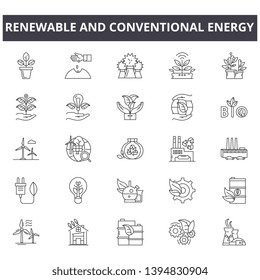 Renewable and conventional energy line icon signs. Linear vector outline illustration set concept.