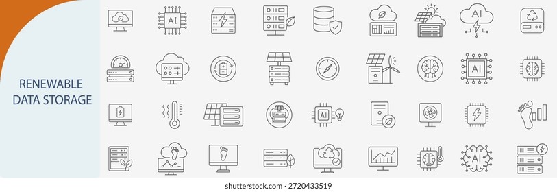 renewable data storage and sustainable cloud computing icon set minimal line art