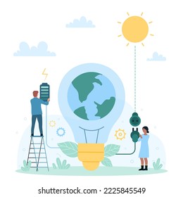 Renewable eco energy for electrification of planet Earth, environment protection vector illustration. Cartoon tiny people charge battery from sun to power generator for light bulb with globe inside