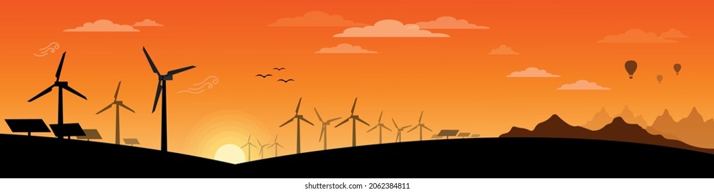 Renewable and Eco Friendly Energy Concept Vector Banner Vector Flat design elements for Clean Environment Technological sustainable and Alternative Energy concept vector banner design Sunset landscape