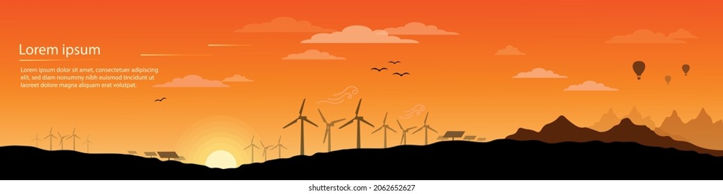 Renewable and Eco Friendly Energy Concept Vector Banner Vector Flat design elements for Clean Environment Technological sustainable and Alternative Energy concept vector banner design Sunset landscape