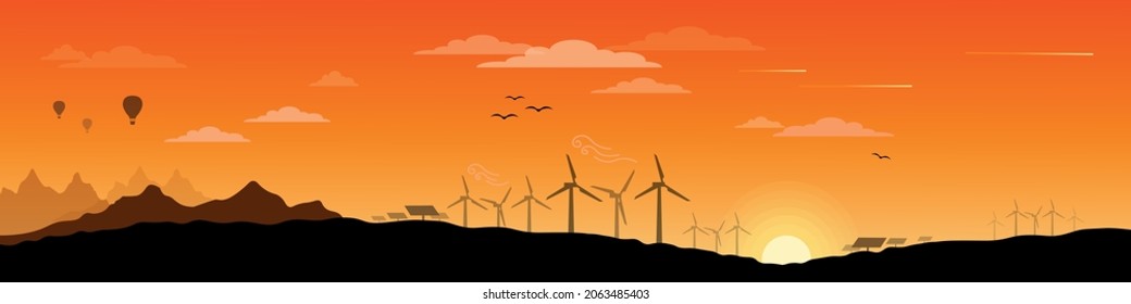 Renewable and Eco Friendly Energy Concept Vector Banner Vector Flat design elements for Clean Environment concept vector banner design Sunset landscape