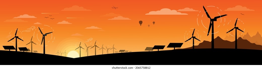 Renewable and Eco Friendly Energy Concept Vector Banner Vector Flat design elements for Clean Environment concept vector banner design Sunset landscape