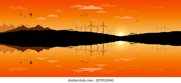 Renewable and Eco Friendly Energy Concept Vector Banner Vector Flat design elements for Clean Environment Technological sustainable and Alternative Energy   design with Sunset and Reflection landscape