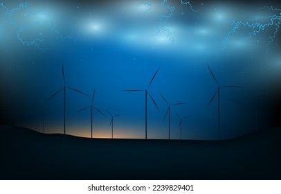 Renewable and eco friendly energy Concept. Technology windmill energy. Abstract windmill with sunrise, lightning and mountain on gradient blue background. Wind power turbine landscape vector.