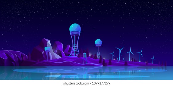 Renewable, ecological electricity generation future and alternative technologies cartoon vector concept with tesla towers, wind turbines on sea or river shore at night illustration in neon colors