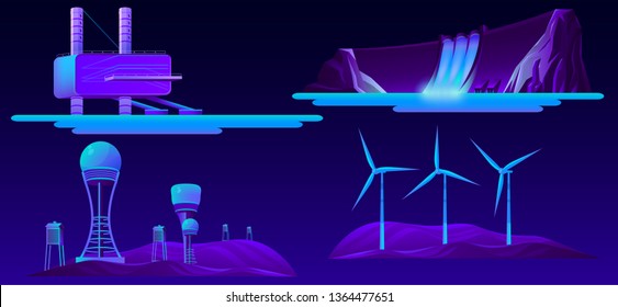 Renewable, ecologically clean energy sources fluorescent blue color cartoon vector set. Hydroelectric power station or plant dam and pumped-storage, wind turbines, Tesla or solar towers illustration