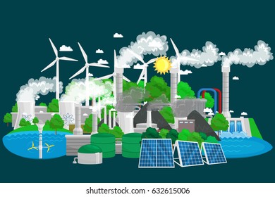 renewable ecology energy icons, green city power alternative resources concept, environment save new technology, solar and wind electricity vector illustration