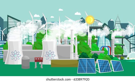 renewable ecology energy icons, green city power alternative resources concept, environment save new technology, solar and wind electricity vector illustration