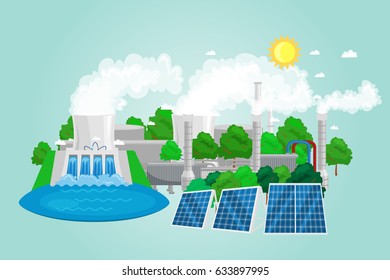 renewable ecology energy icons, green city power alternative resources concept, environment save new technology, solar and wind electricity vector illustration