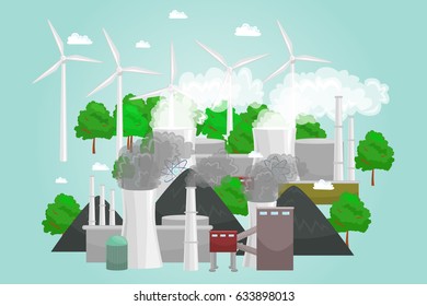 renewable ecology energy icons, green city power alternative resources concept, environment save new technology, solar and wind electricity vector illustration