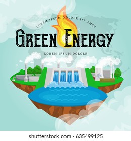 renewable ecology energy icons, green city power alternative resources concept, environment save new technology, solar and wind electricity vector illustration