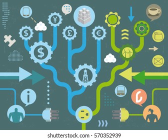 Renewable electric and fossil energy tree concept with currency exchange icons, infographics elements and grunge texture.