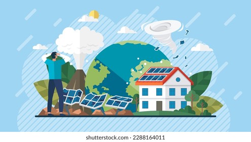 Renewable electric solar power plant station. Modern alternative eco green energy. Destroyed and broken solar panels after a hurricane and a natural disaster. Home after the tornado. Change climate