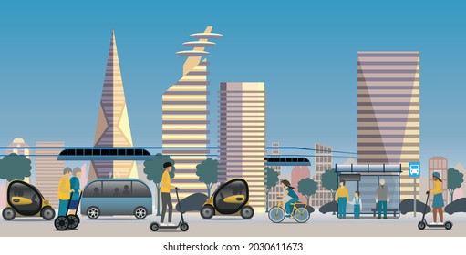 Renewable Electric transport in a modern city view. Electric scooters,  bike, Self-Balancing Electric Transporters,  Monorail trains, autonomous public transport and vehicles. 