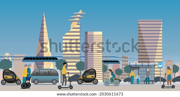 Renewable Electric\
transport in a modern city view. Electric scooters,  bike,\
Self-Balancing Electric Transporters,  Monorail trains, autonomous\
public transport and vehicles.\
