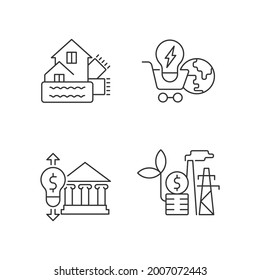Renewable electrical energy cost linear icons set. Weatherization of house. Global market. Customizable thin line contour symbols. Isolated vector outline illustrations. Editable stroke
