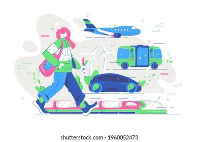 Renewable electrified city transport vector illustration. Electric public transport, car, bus, train, airplane flat style. Eco technology for public transport environment concept. Isolated on white