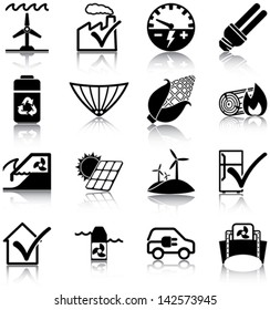 Renewable energies and energy efficiency related icons/ silhouettes.