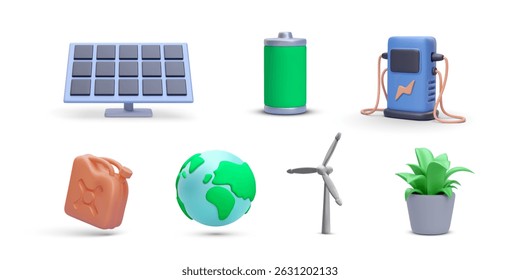 Renewable Energy 3D Icons Featuring Solar Panel, Battery, EV Charger, Wind Turbine, Earth, and Eco Elements in Clean Cartoon Style. Sustainability and Power Concept. Vector Illustration.