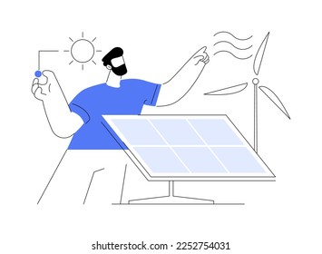 Renewable energy abstract concept vector illustration. Renewable energy sources, power resources, rural clean energy services, wind turbine, solar panels, eco green house abstract metaphor.